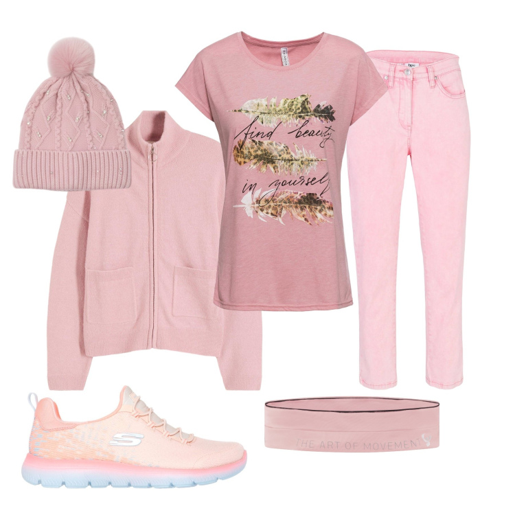 Outfit donna - Pink Spirit. Stile Casual per Tutti i giorni. Abbinamento con t-shirt, pantaloni, cardigans, marsupi, berretti, sneakers.