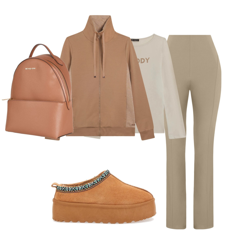 Outfit donna - Caminata. Stile 70s per Tutti i giorni. Abbinamento con zaini, pantaloni, felpe, t-shirt, pantofole.