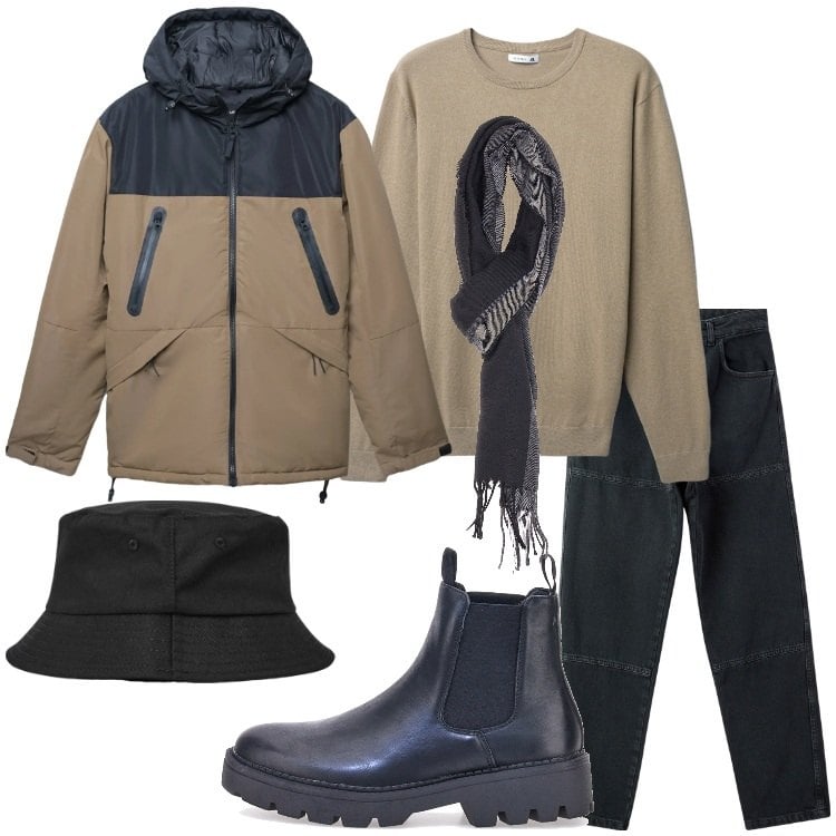 Outfit uomo - Outfit da città fredda. Stile Trendy per Tutti i giorni. Abbinamento con cappelli con visiera, pantaloni, bomber, maglieria, sciarpe, stivali e stivaletti.