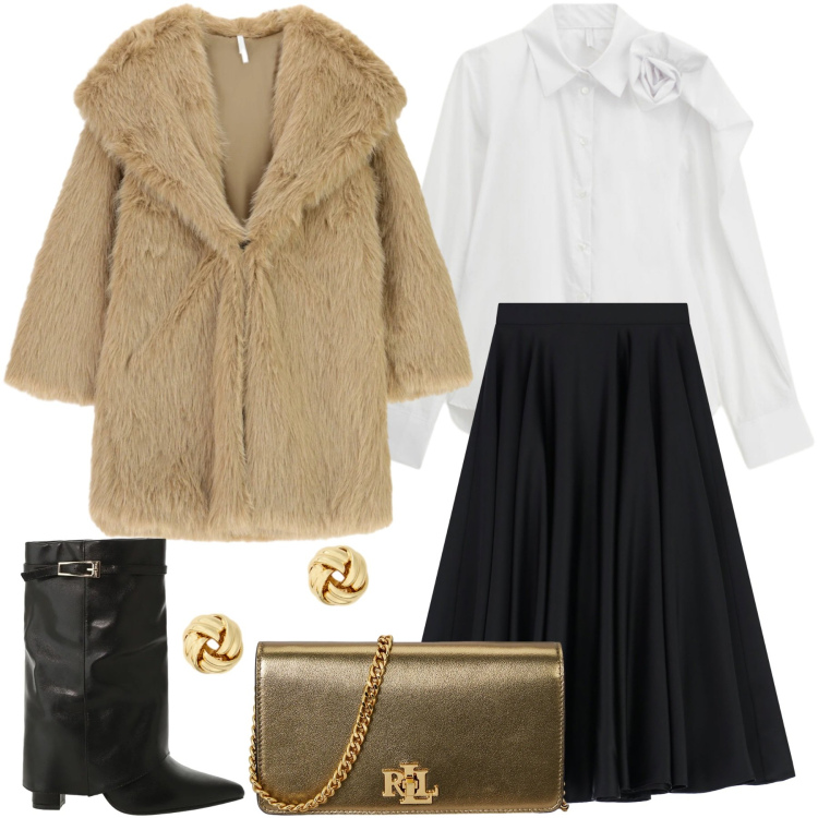 Outfit donna - Eleganza Imperiale. Stile Chic per Serata fuori. look ideale per Tall. Abbinamento con ecopellicce, gonne longuette, camicie, stivali, orecchini, borse a mano.