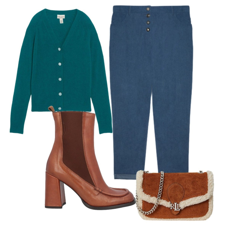 Outfit donna - Serata elegante in lana e velluto. Stile Vintage retrò per Serata fuori. Abbinamento con cardigans, stivaletti chelsea, clutch, pantaloni.