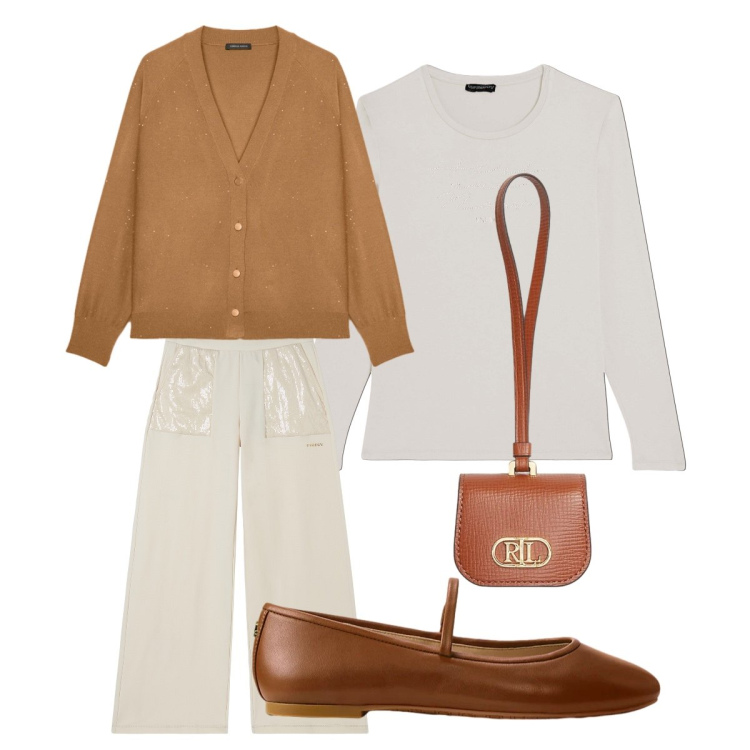 Outfit donna - Cardigan a gennaio. Stile Sporty chic per Tutti i giorni. Abbinamento con pantaloni sportivi, t-shirt, pochette, ballerine, cardigans.