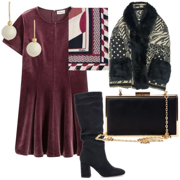 Outfit donna - Serata elegante. per Serata fuori. Abbinamento con vestiti corti, orecchini, pochette, stivali sopra il ginocchio, foulard, cappe.