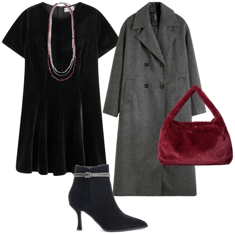 Outfit donna - Serata elegante. per Serata fuori. Abbinamento con vestiti corti, cappotti, stivaletti, collane, borse a spalla.