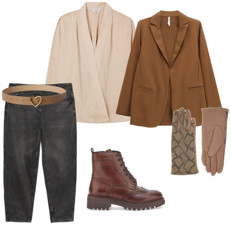 Outfit donna - Accessori giusti. per Ufficio. Abbinamento con bluse, cinture, blazer, anfibi, jeans mom, guanti.