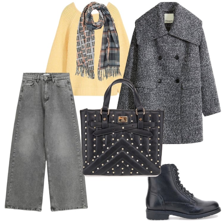 Outfit donna - Giallo. per Scuola/Università. Abbinamento con cappotti, maglieria, jeans, anfibi, borse a mano, sciarpe.