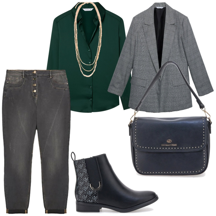 Outfit donna - A lavoro. per Ufficio. Abbinamento con blazer, camicie, jeans, stivaletti, borse a tracolla, collane.
