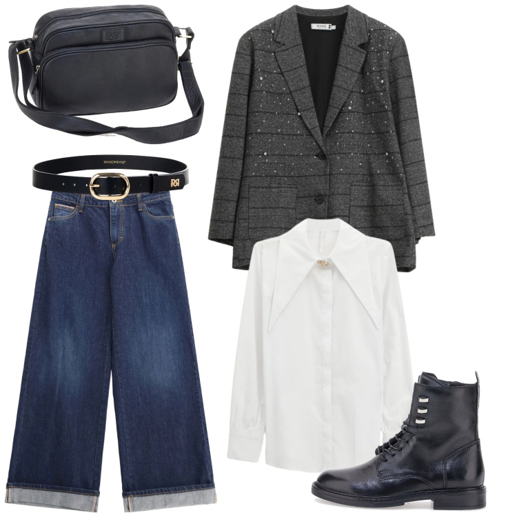 Outfit donna - Total look #2321078. Stile Mannish per Ufficio. Abbinamento con jeans, blazer, camicie, cinture, anfibi, borse a tracolla.