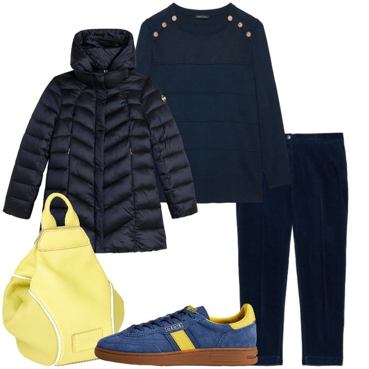 Outfit donna - Un tocco di giallo nel blu. Stile Basic per Scuola/Università. Abbinamento con zaini, piumini, sneakers, maglieria, pantaloni chino.