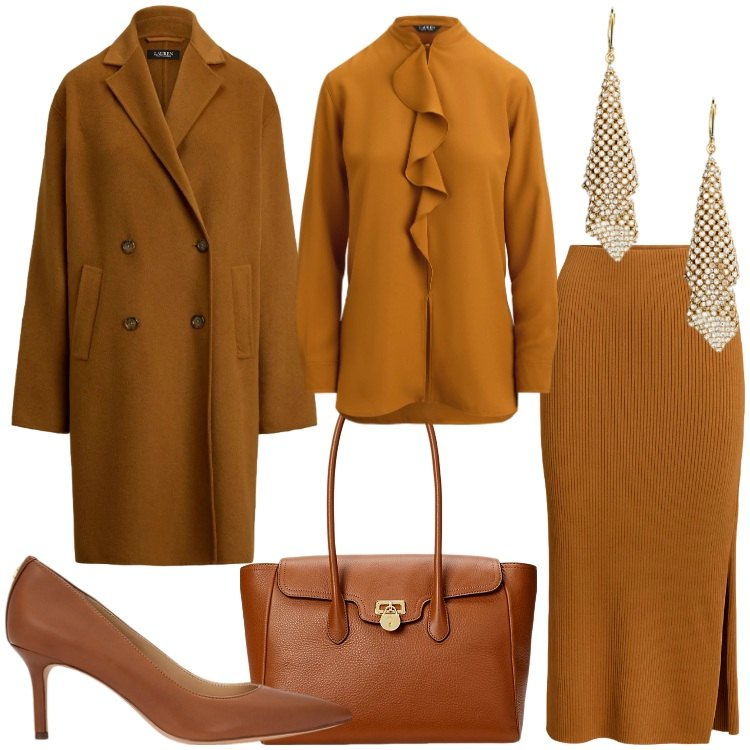 Outfit donna - Cannella. Stile Chic per Ufficio. Abbinamento con borse a mano, décolleté, orecchini, gonne, cappotti, bluse.