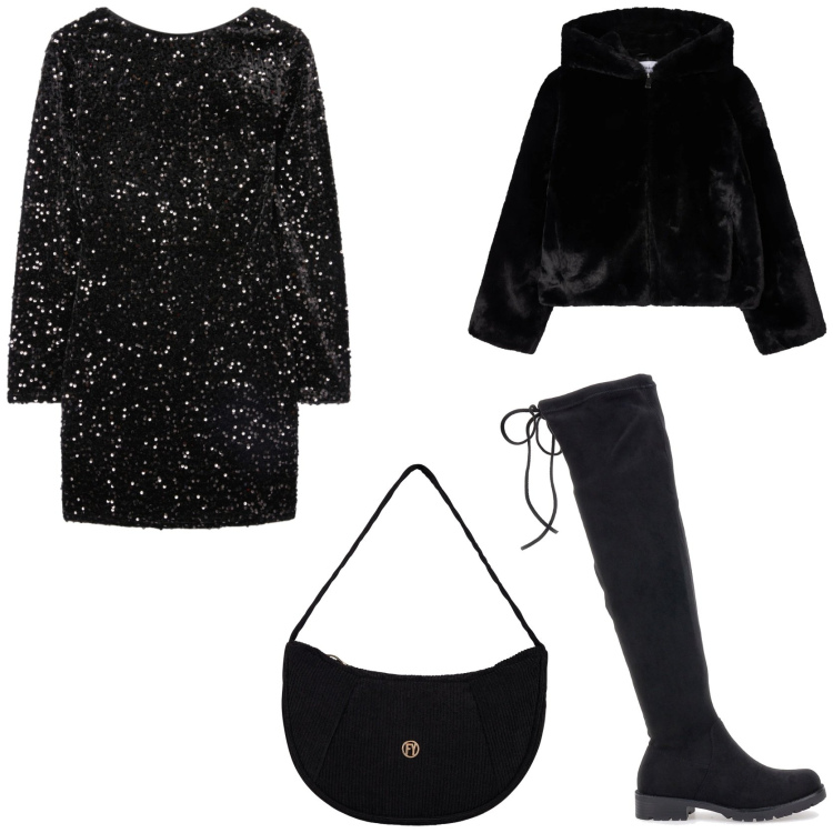 Outfit donna - A cena con gli amici. Stile Glamour per Serata fuori. Abbinamento con vestiti corti, ecopellicce, borse a mano, stivali sopra il ginocchio.