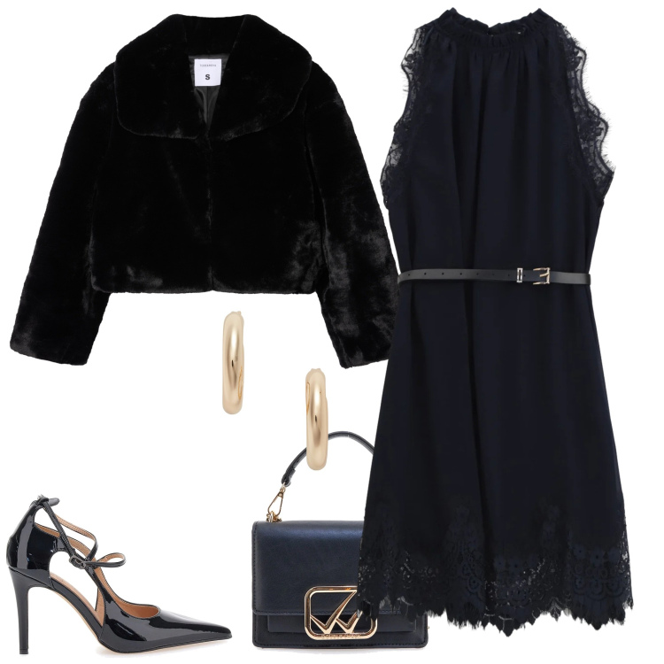 Outfit donna - Ode al nero. Stile Chic per Serata fuori. Abbinamento con ecopellicce, vestiti corti, orecchini, borse a tracolla, décolleté.