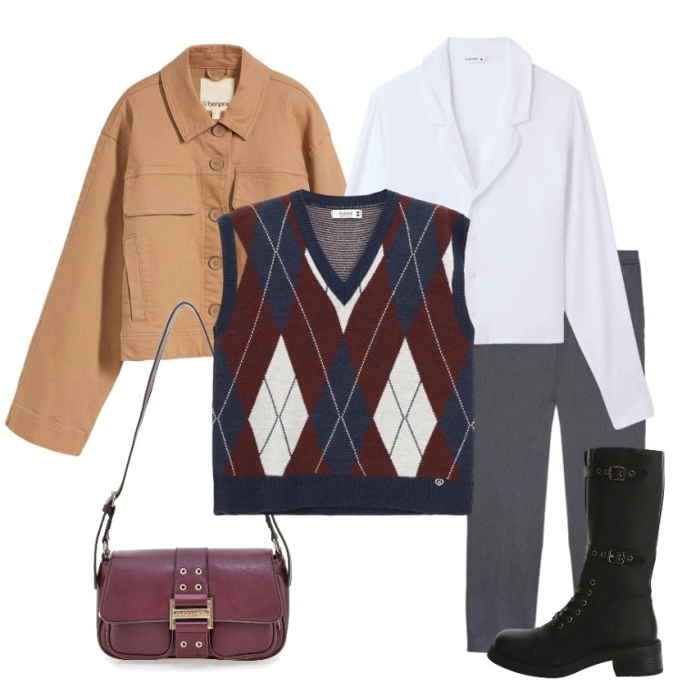 Outfit donna - Preppy Moderno. Stile Preppy per Tutti i giorni. Abbinamento con blazer, camicie, gilet, stivali, pantaloni chino, borse a tracolla.