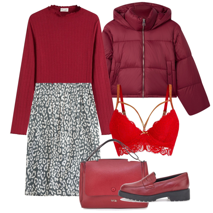 Outfit donna - Gennaio. Stile Chic per Tutti i giorni. Abbinamento con reggiseni, maglieria, bomber, gonne, mocassini, borse a tracolla.