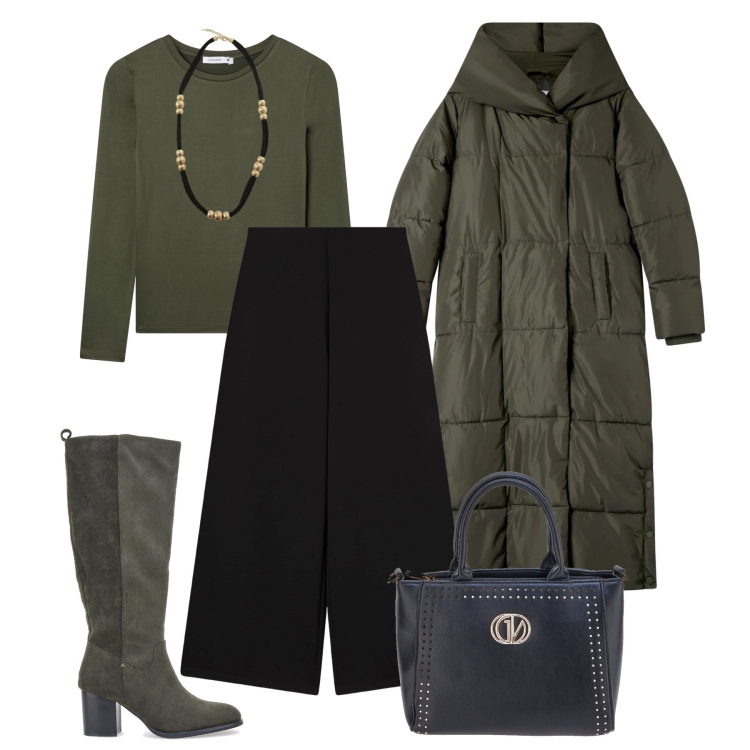 Outfit donna - Culotte e stivali alti. Stile Trendy per Tutti i giorni. Abbinamento con pantaloni culotte, cappotti, t-shirt, collane, stivali, borse a mano.