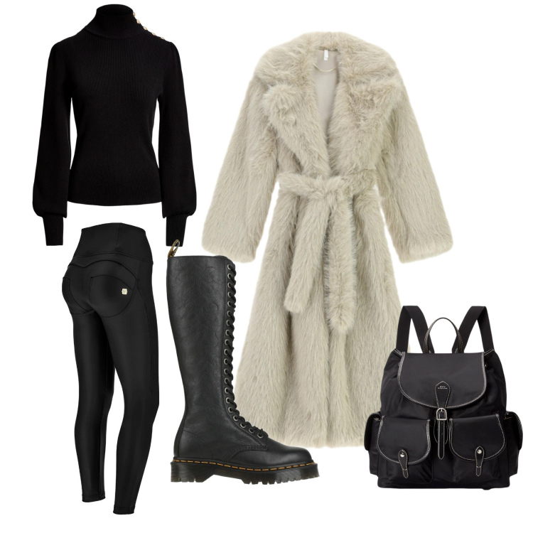 Outfit donna - Effetto pelliccia. Stile Casual per Tutti i giorni. Abbinamento con stivali, cappotti, pantaloni skinny, maglieria, zaini.