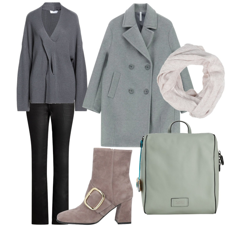 Outfit donna - Total look #2321106. Stile Urban per Tutti i giorni. Abbinamento con pullovers, stivaletti, sciarpe, zaini, cappotti, jeans dritti.