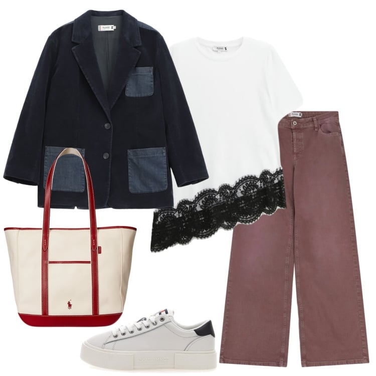 Outfit donna - Jeans rossi. Stile Casual per Tutti i giorni. Abbinamento con pantaloni a palazzo, blazer, t-shirt, borse tote, sneakers.