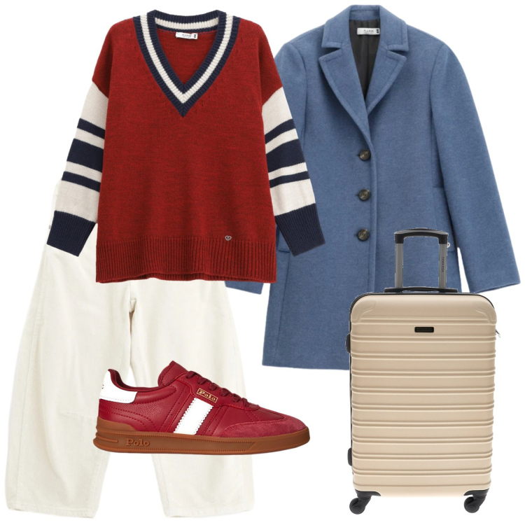 Outfit donna - Viaggiare a colori. Stile Casual per Tutti i giorni. Abbinamento con cappotti, maglieria, pantaloni, sneakers, valigie.
