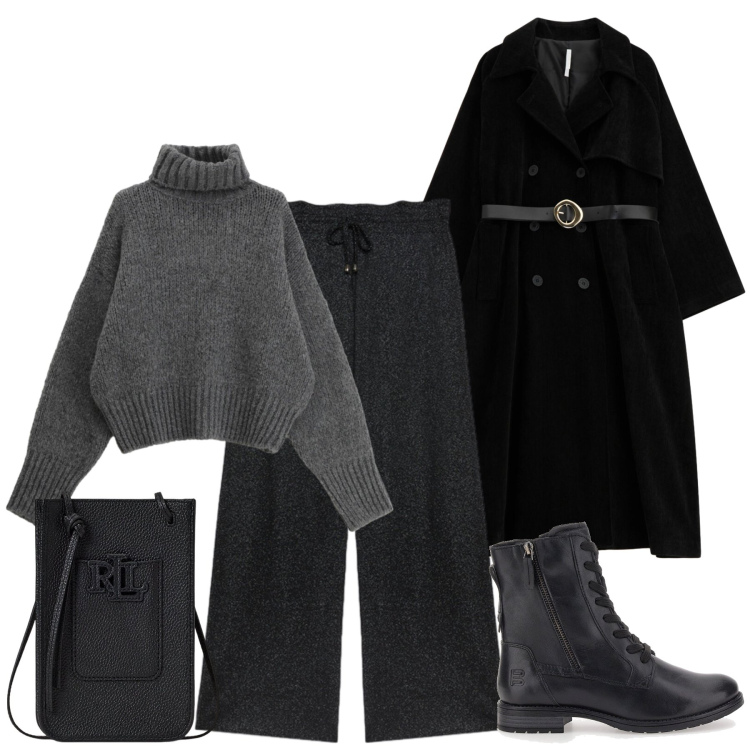 Outfit donna - Dark minimal cozy look. Stile Urban per Tutti i giorni. Abbinamento con trench, maglieria, borse a tracolla, anfibi, pantaloni.