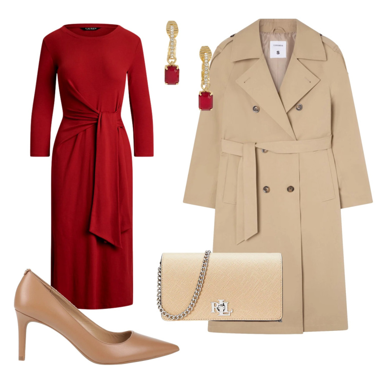 Outfit donna - A cena con lui. Stile Chic per Serata fuori. Abbinamento con décolleté, trench, orecchini, borse a tracolla, vestiti.