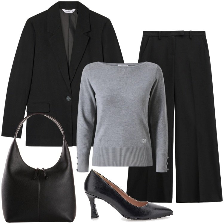 Outfit donna - Total look #2321125. Stile Casual chic per Ufficio. Abbinamento con shopping bag, blazer, maglieria, pantaloni, décolleté.