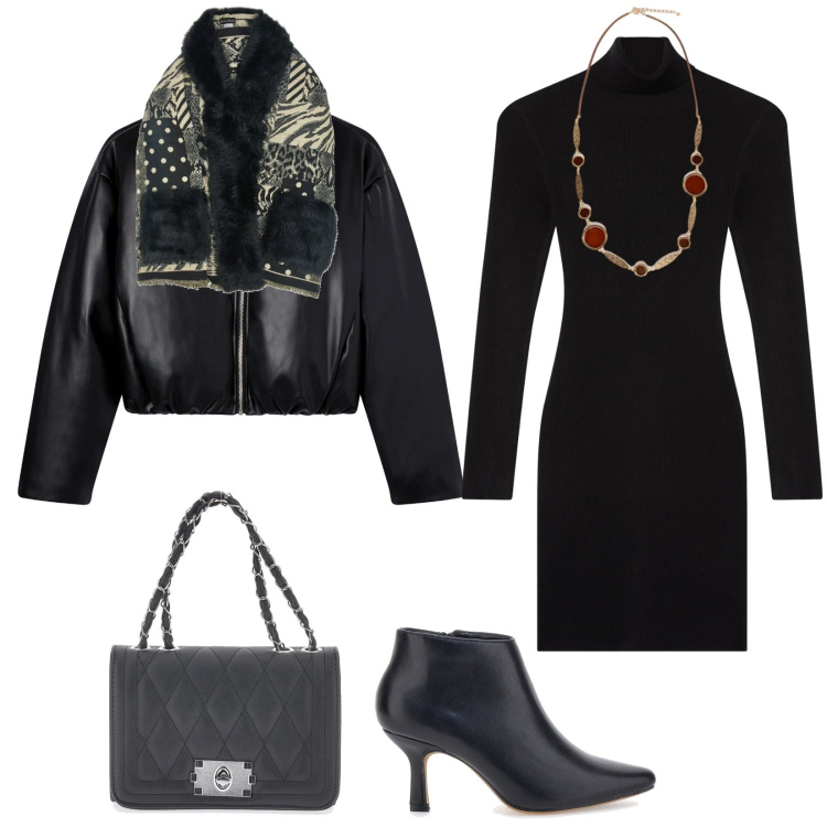 Outfit donna - Total look #2321131. Stile Chic per Serata fuori. Abbinamento con giacche, vestiti corti, stivaletti, collane, borse a tracolla, cappe.