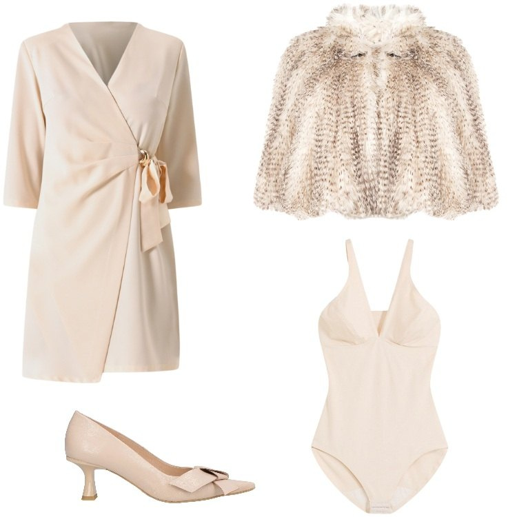 Outfit donna - Total look #2321133. Stile Chic per Cerimonia. Abbinamento con body, décolleté, vestiti corti, ecopellicce.