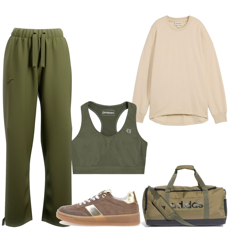 Outfit donna - Total look #2321134. Stile Sporty chic per Sport. Abbinamento con felpe, reggiseni, sneakers, pantaloni, borse sportive.