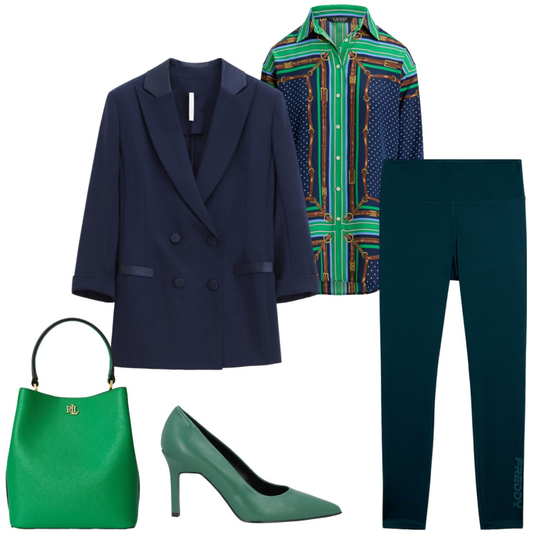 Outfit donna - Total look #2321135. Stile Chic per Serata fuori. Abbinamento con décolleté, blazer, leggings, camicie, borse a secchiello.