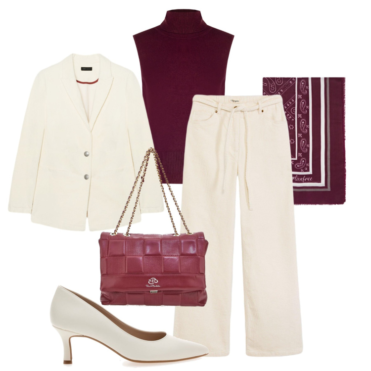 Outfit donna - Cena informale in velluto. Stile Glamour per Serata fuori. Abbinamento con pantaloni, pullovers, foulard, blazer, borse a tracolla, décolleté.