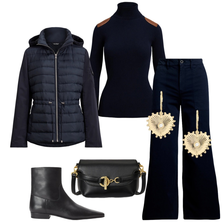 Outfit donna - Total look #2321141. Stile Chic per Tutti i giorni. Abbinamento con borse a tracolla, orecchini, pantaloni, stivaletti, maglieria, giacche.