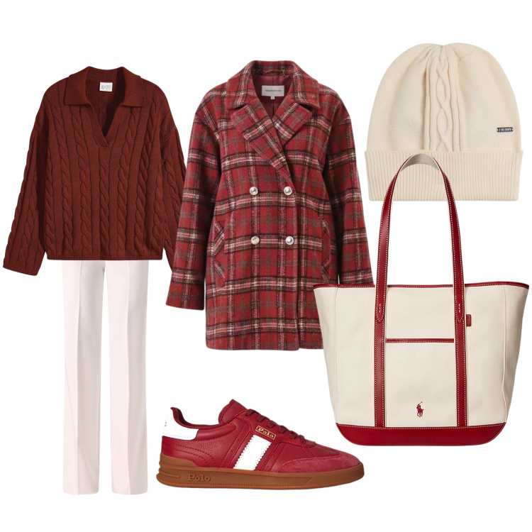 Outfit donna - Rosso e bianco. Stile Casual chic per Tutti i giorni. Abbinamento con maglieria, berretti, borse tote, sneakers, pantaloni a palazzo, cappotti.