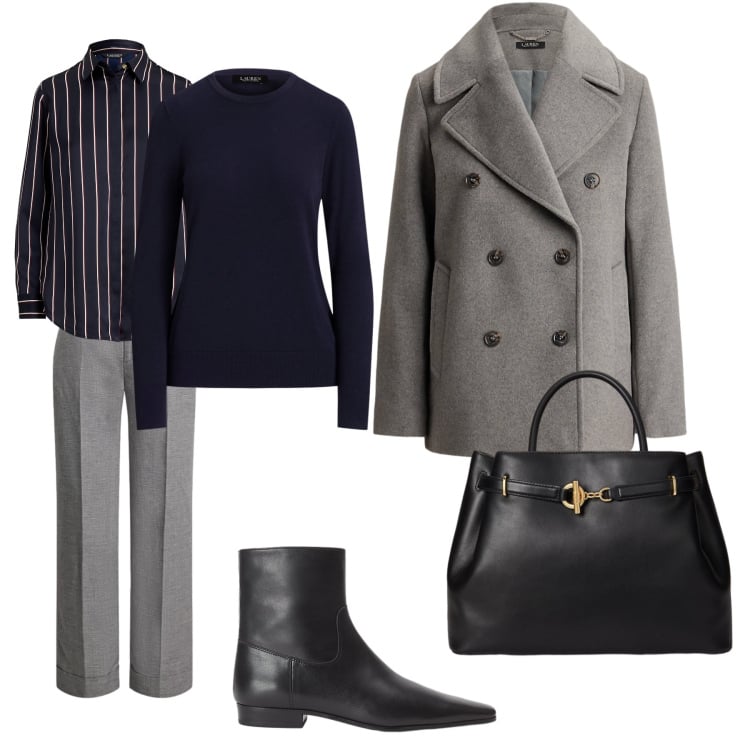 Outfit donna - Un classico. Stile Casual chic per Ufficio. Abbinamento con maglieria, borse a mano, pantaloni, camicie, stivaletti, cappotti.