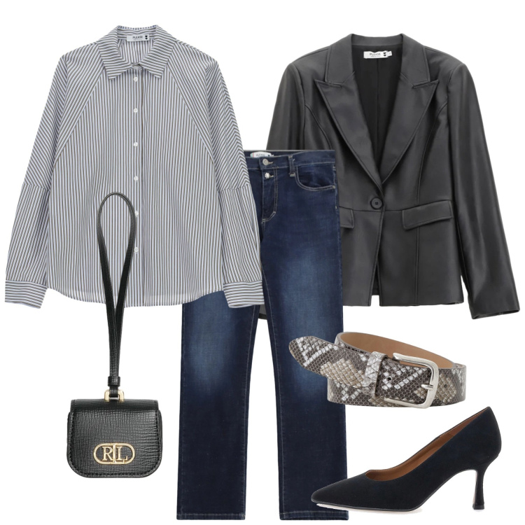 Outfit donna - Please - Saldi FW 2025. Stile Casual chic per Tutti i giorni. Abbinamento con jeans dritti, blazer, camicie, cinture, pochette, décolleté.
