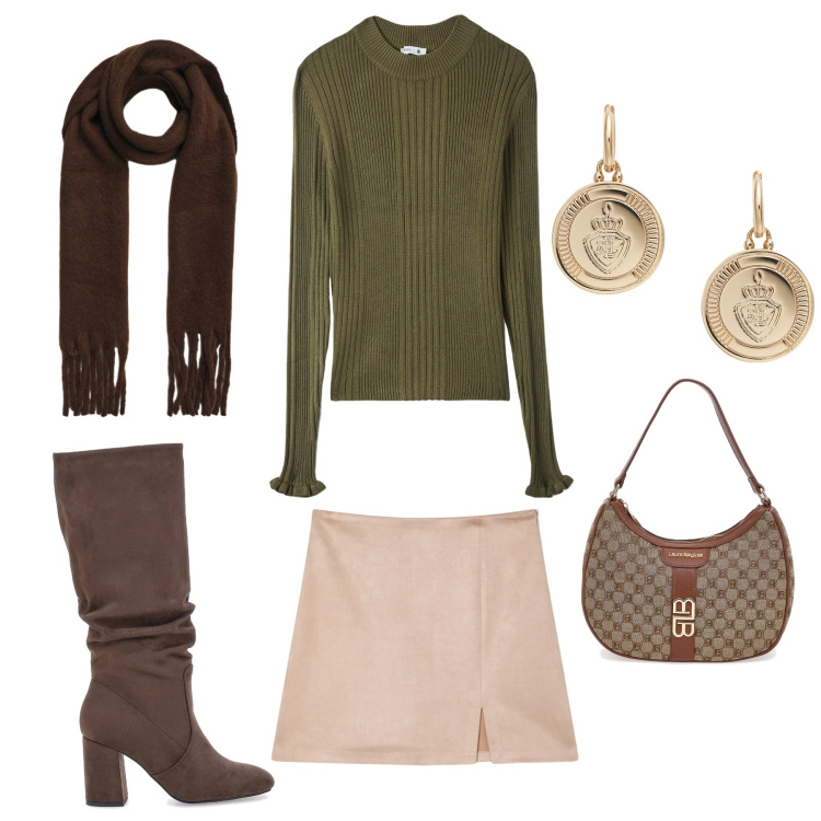 Outfit donna - ChocoForest. Stile Casual chic per Tutti i giorni. Abbinamento con maglieria, minigonne, sciarpe, orecchini, stivali sopra il ginocchio, borse a spalla.