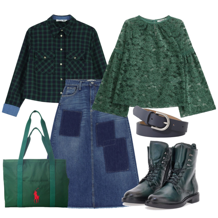 Outfit donna - Please - Saldi FW 2025. Stile Casual chic per Tutti i giorni. Abbinamento con gonne lunghe, camicie, top, borse tote, cinture, anfibi.