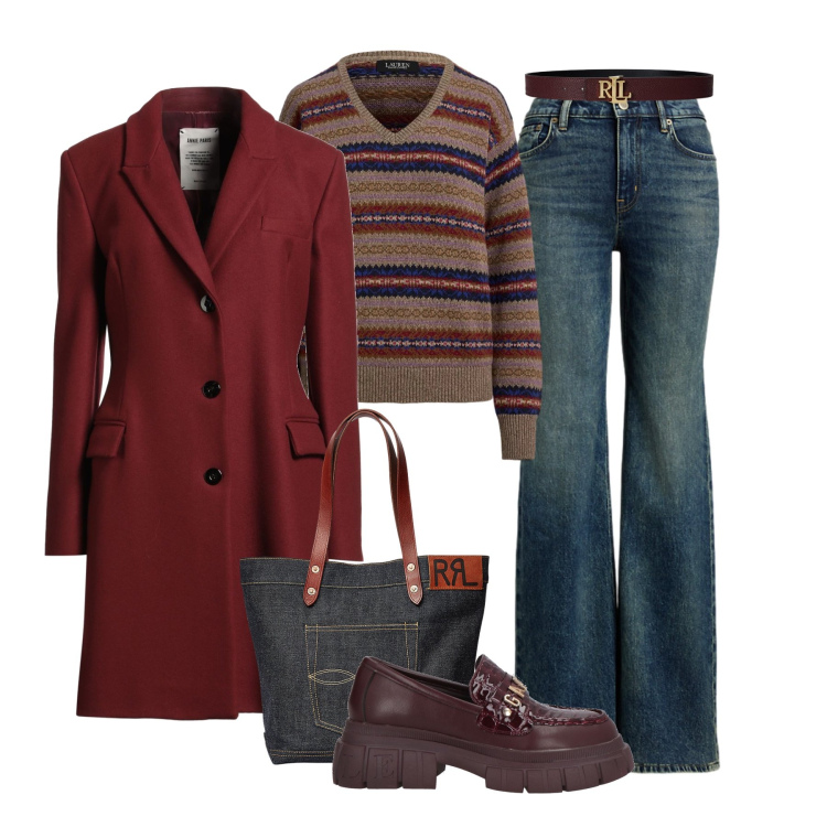 Outfit donna - Mix 70s collage. Stile 70s per Tutti i giorni. Abbinamento con mocassini, cappotti, jeans, borse tote, cinture, maglieria.