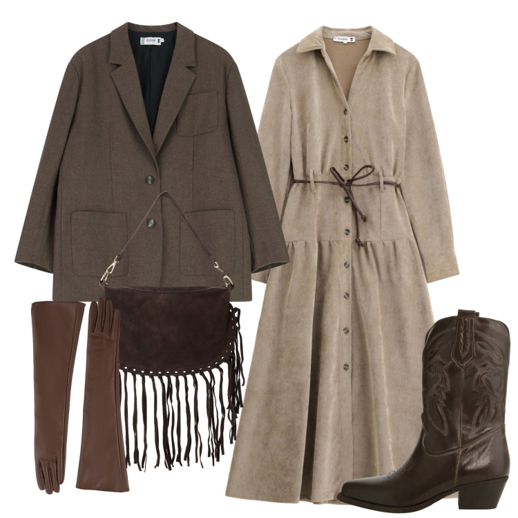 Outfit donna - Please - Saldi FW 2025. Stile Boho per Tutti i giorni. Abbinamento con vestiti lunghi, blazer, stivali, borse a tracolla, guanti.