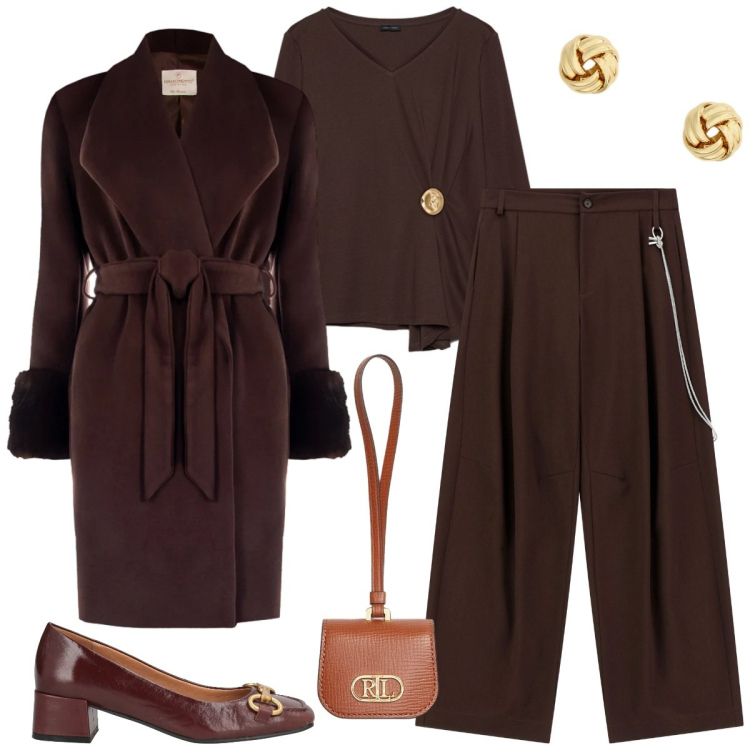 Outfit donna - Un nuovo anno, un nuovo stile. Stile Chic per Cerimonia. Abbinamento con décolleté, pantaloni a palazzo, orecchini, pochette, cappotti, t-shirt.