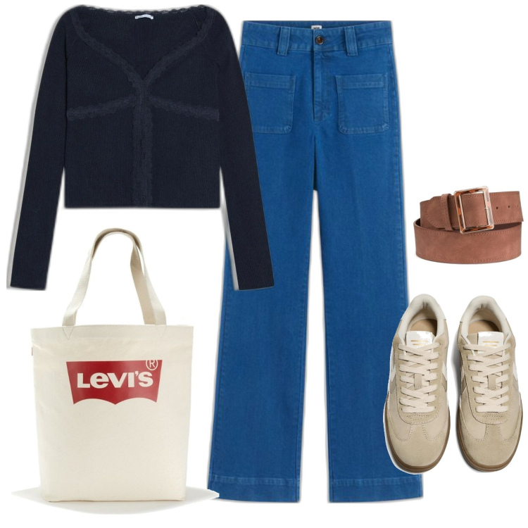 Outfit mujer - Basic #293. Estilo Basic para Todos los días. Combinación con sneakers, camiseta, bolso tote, cinturones, vaqueros bootcut.