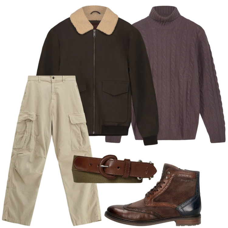 Outfit uomo - Outfit da città fredda. Stile Urban per Ufficio. Abbinamento con pantaloni cargo, cinture, anfibi, bomber, maglieria.