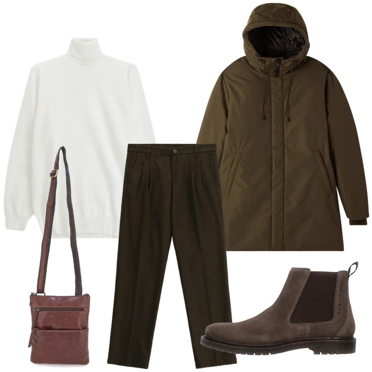 Outfit uomo - Outfit da città fredda. Stile Trendy per Ufficio. Abbinamento con parka, pantaloni, maglieria, portafogli, stivali e stivaletti.