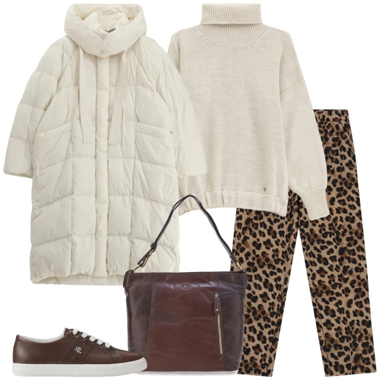 Outfit donna - I pantaloni leopardati. Stile Casual per Tutti i giorni. Abbinamento con pantaloni, maglieria, piumini, sneakers, borse a spalla.
