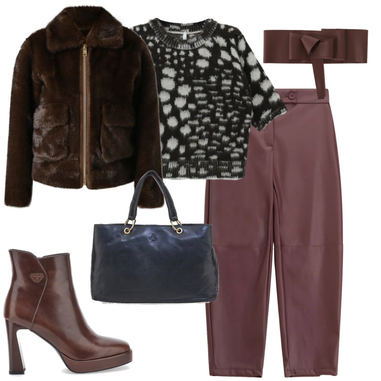 Outfit donna - Gennaio. Stile Urban per Tutti i giorni. Abbinamento con pantaloni, cinture, maglieria, ecopellicce, stivaletti, borse a mano.