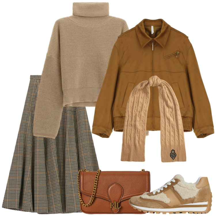 Outfit donna - Stile inglese. Stile Preppy per Scuola/Università. Abbinamento con gonne lunghe, blazer, maglieria, clutch, sneakers, sciarpe.