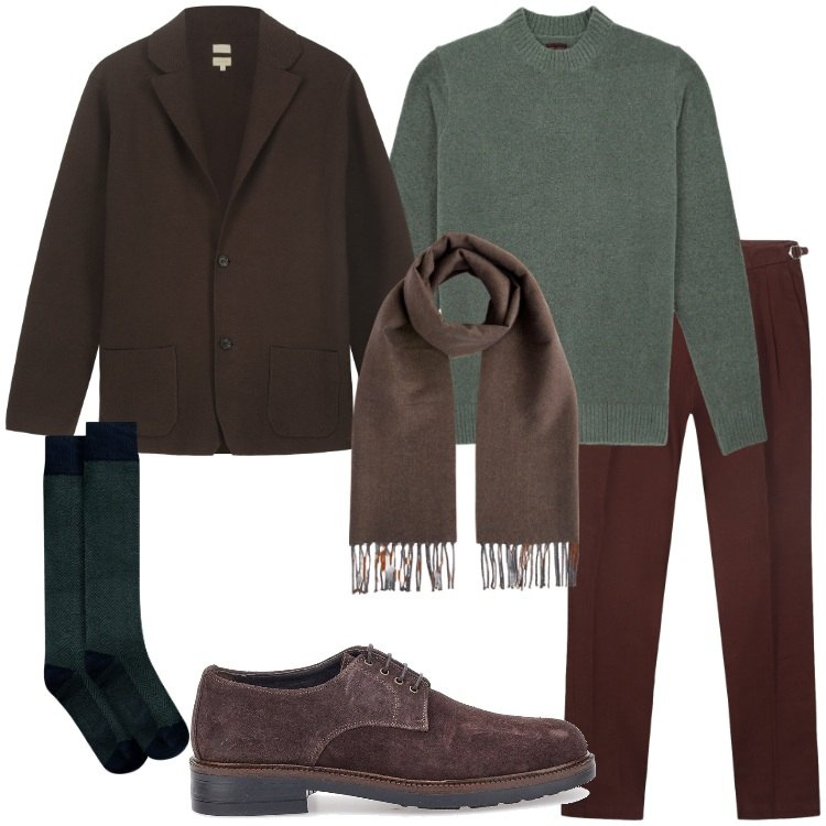 Outfit uomo - Eleganza rilassata. Stile Urban per Tutti i giorni. Abbinamento con pantaloni, maglieria, giacche, sciarpe, calzini, scarpe stringate.
