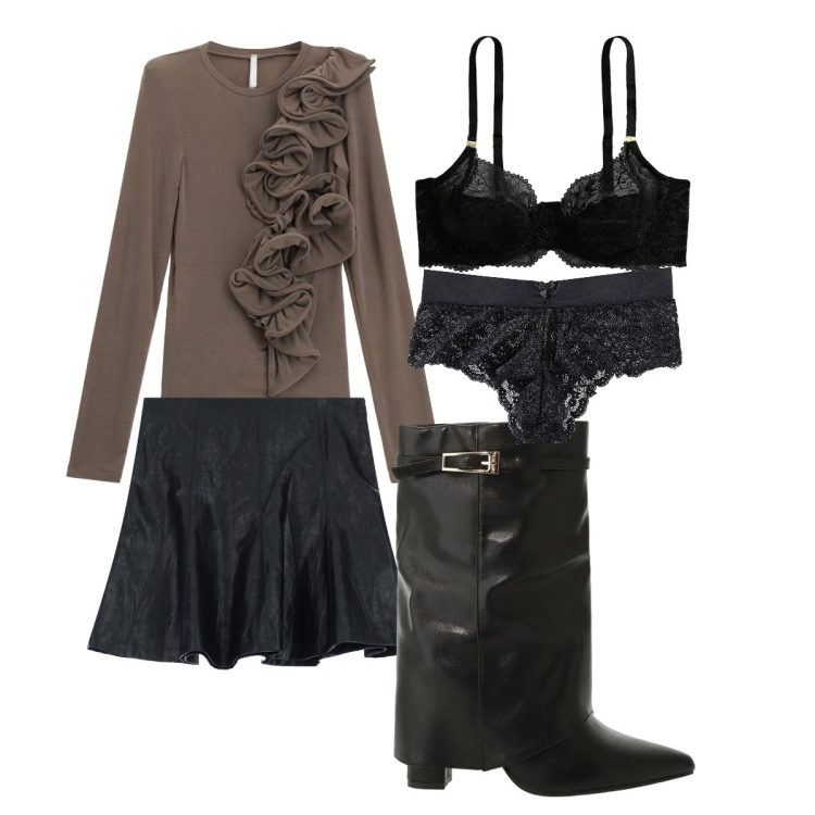 Outfit donna - Saldi invernali. Stile Basic per Serata fuori. Abbinamento con culotte, minigonne, t-shirt, stivali, reggiseni.