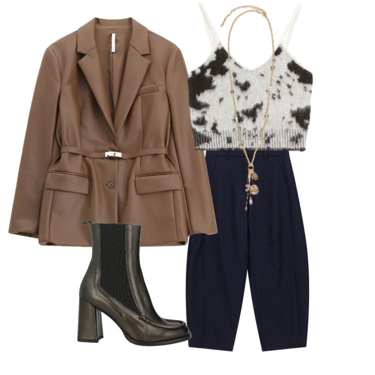 Outfit donna - Saldi Imperial. Stile Vintage retrò per Ufficio. Abbinamento con stivaletti chelsea, pantaloni, blazer, top, ciondoli.