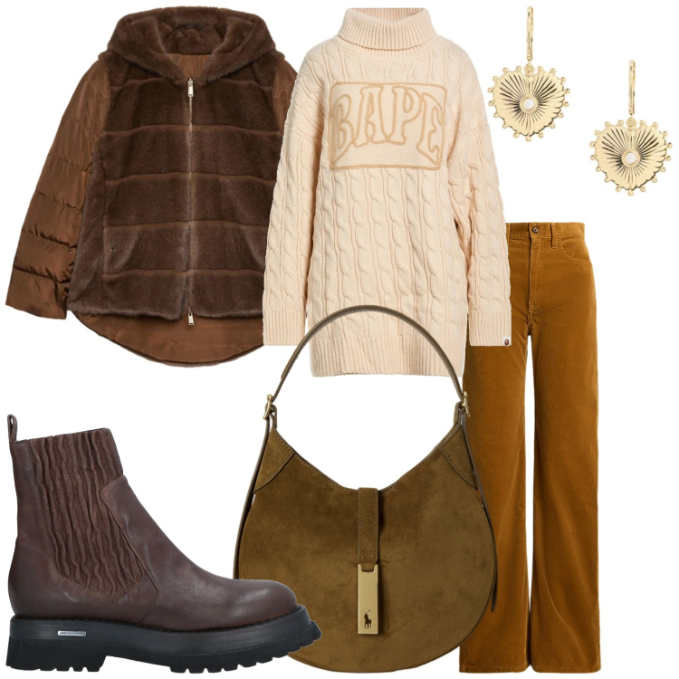 Outfit donna - Febbraio freddo. Stile Casual chic per Tutti i giorni. Abbinamento con stivaletti chelsea, maglieria, borse a spalla, orecchini, pantaloni, ecopellicce.